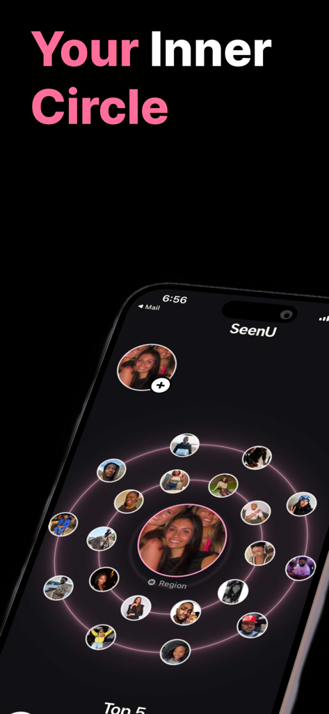 SeenU - A mobile phone screen displaying the SeenU app with a radial map of user profiles under the heading Your Inner Circle