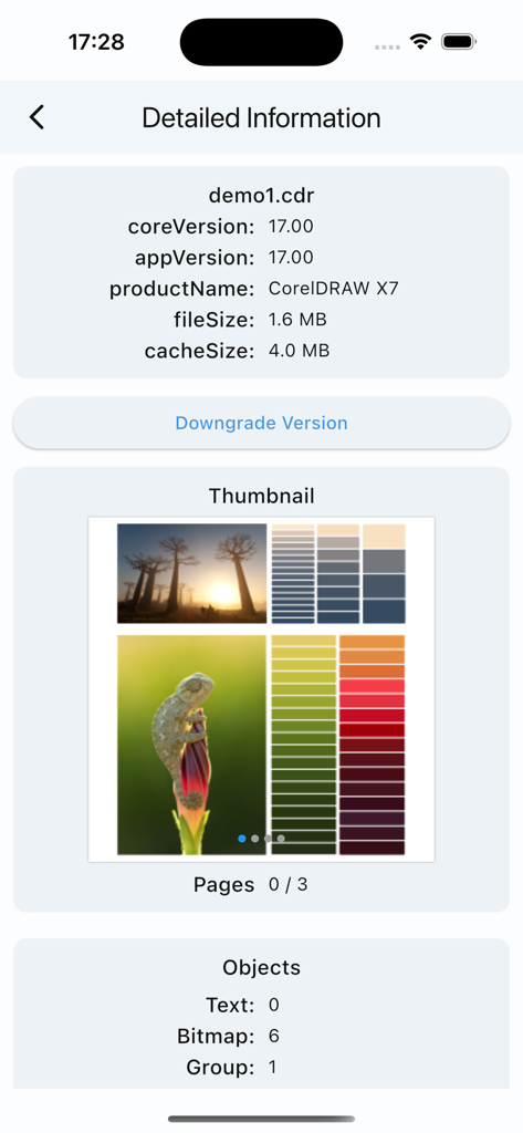 Interface of CDR Viewer Plus showing version information and object counts for a CorelDRAW X7 file.