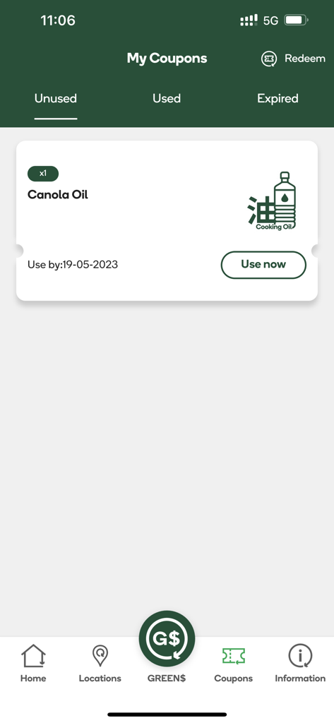 綠綠賞手機應用程式 - Captura de pantalla de la pantalla Mis Cupones de la aplicación GREEN$ mostrando un cupón de recompensa no utilizado para aceite de canola