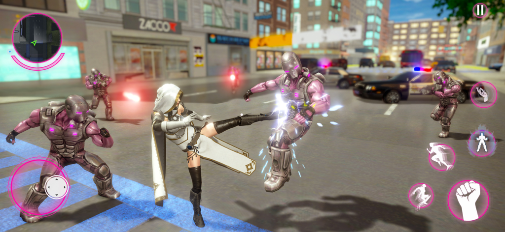 Grand Superhero Spider League - Gameplay of a hooded superhero fighting robot enemies on a city street.