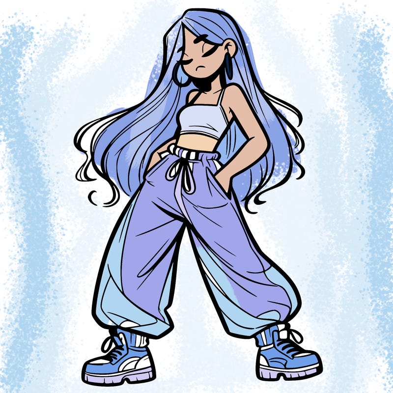 girl in baggy pants crop top and long hair