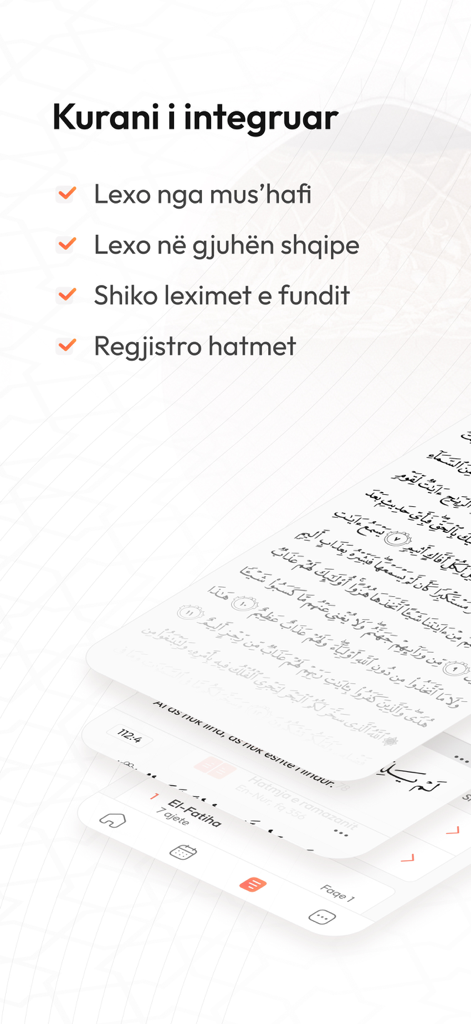 Muslimani Ideal - Muslimani Ideal app screenshot showing the integrated Quran feature with Albanian translation