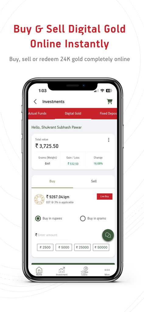 Aditya Birla Capital - Wealth - Aditya Birla Capital Wealth app interface for buying and selling digital gold