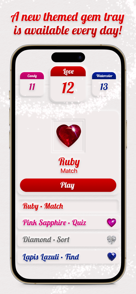 iPhone screen showing the Dazzly Match app with a daily themed heart shaped ruby gem puzzle and matching activities.