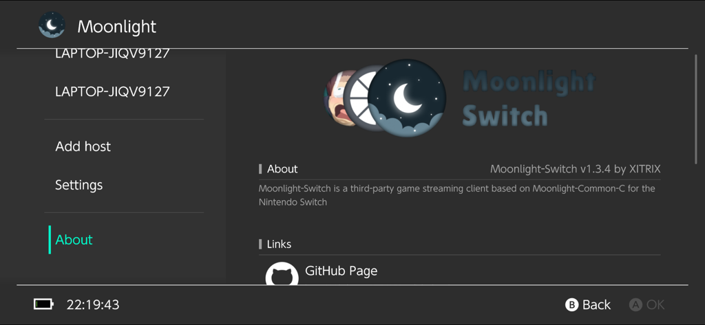 Moonlight - La página Acerca de del cliente de streaming de juegos Moonlight que muestra información de la versión y el enlace al repositorio de GitHub.