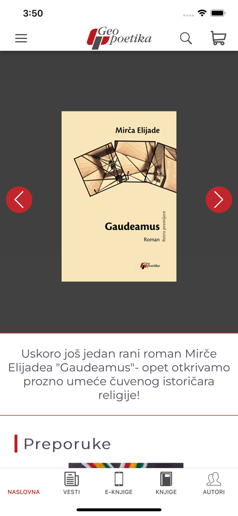 Home screen of the Geopoetika e-bookstore app featuring a book recommendation for Gaudeamus by Mircea Eliade