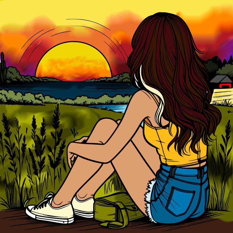 realistic girl sitting and watching the sunset