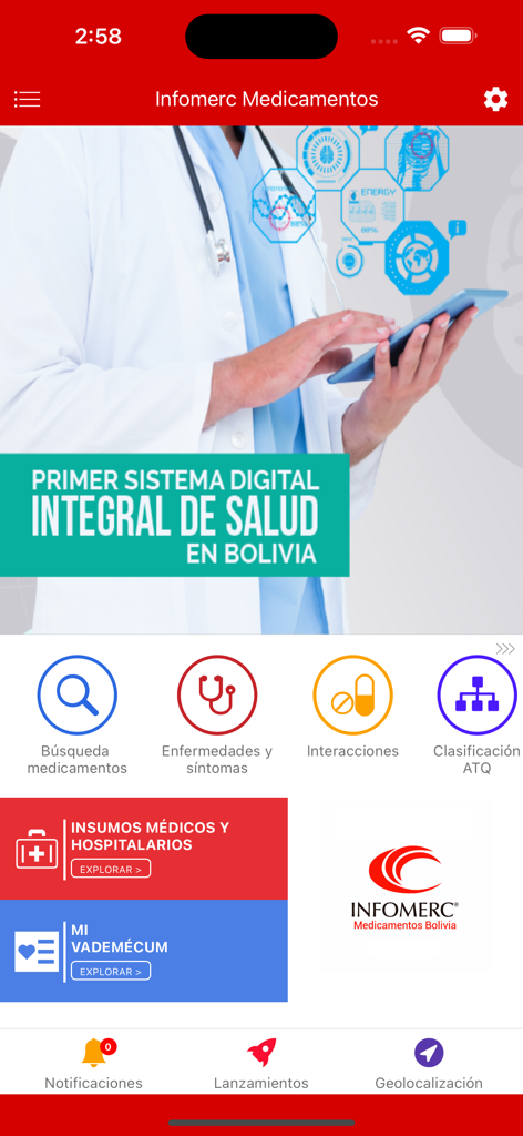 Infomerc Medicamentos - Home screen of the Infomerc Medicamentos app with icons for drug search, symptoms, and medical interactions.