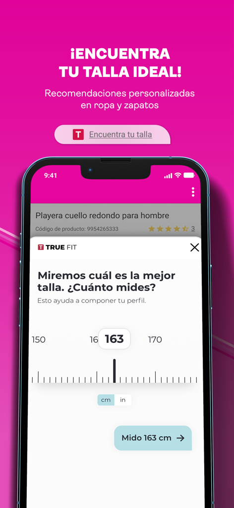 Liverpool: Compra en línea - Liverpool app interface showing the True Fit feature for personalized clothing and shoe size recommendations with a height slider.