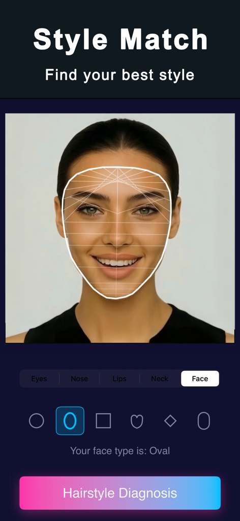 HairLive app interface showing AI face shape analysis for an oval face type with a hairstyle diagnosis button.