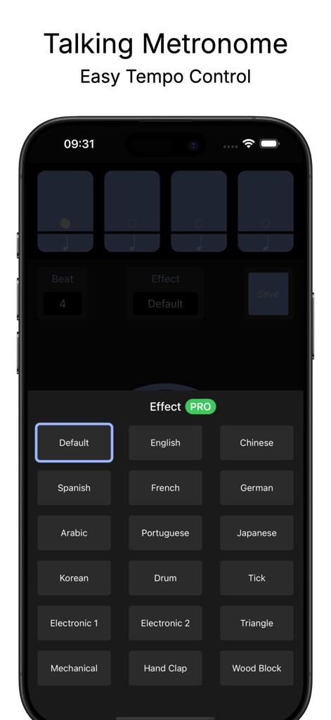 Vocal Metronome - Interface of the Vocal Metronome app showing various human voice languages and sound effect options for rhythm practice.