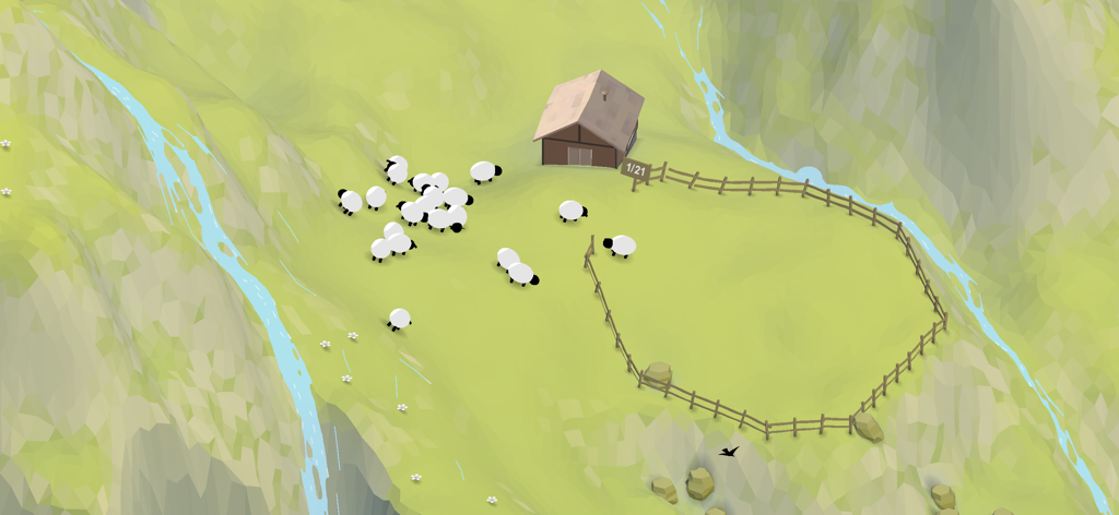 Roia - Minimalist mountain landscape with sheep and a small house in the game Roia