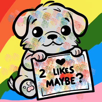 a puppy holding a sign that says 2 likes maybe?
