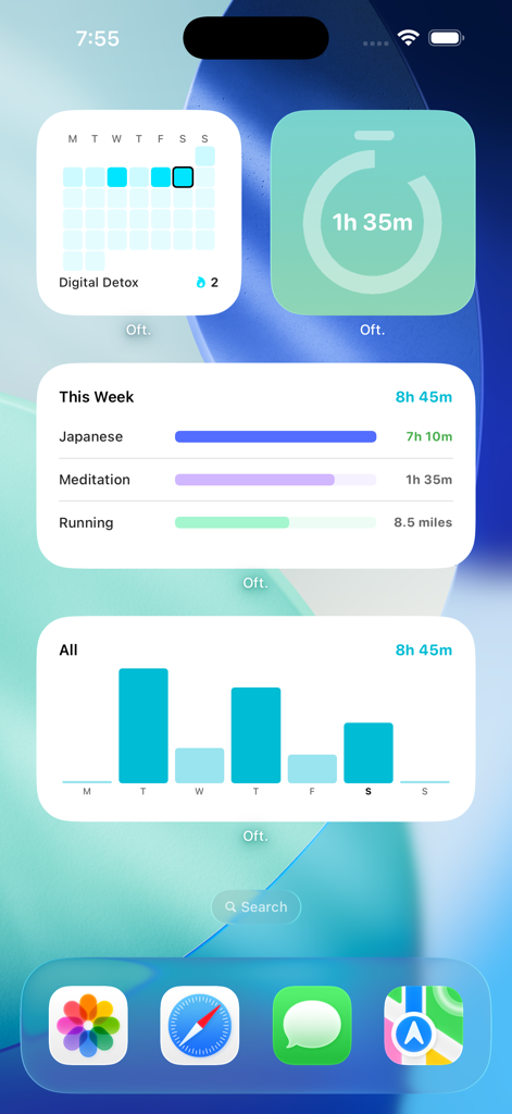 Oft. - Oft habit tracker app widgets on an iOS home screen showing activity progress and timers.