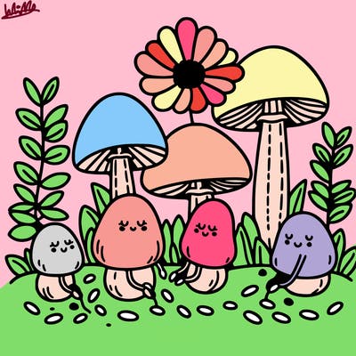 mushrooms planting seeds in a garden.