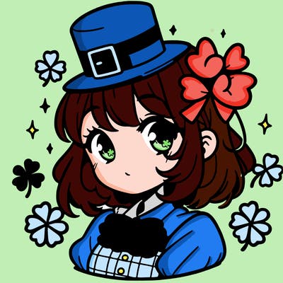 a manga-style girl with clovers around her, a little hat in her hair, like it's saint patrick's day