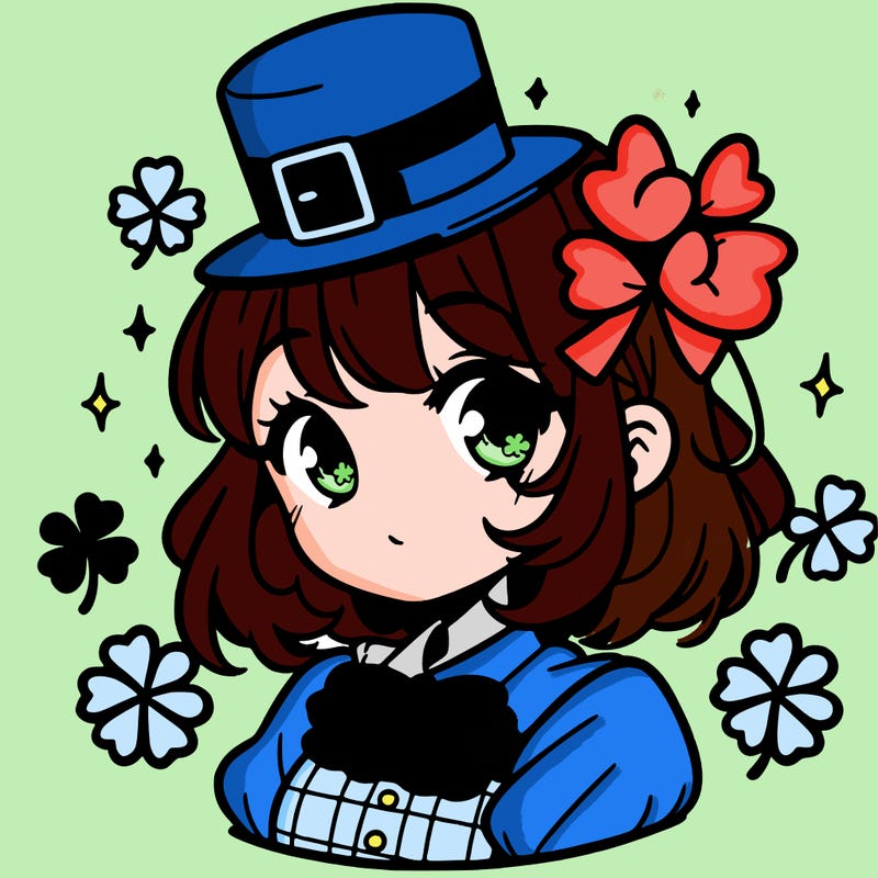 a manga-style girl with clovers around her, a little hat in her hair, like it's saint patrick's day