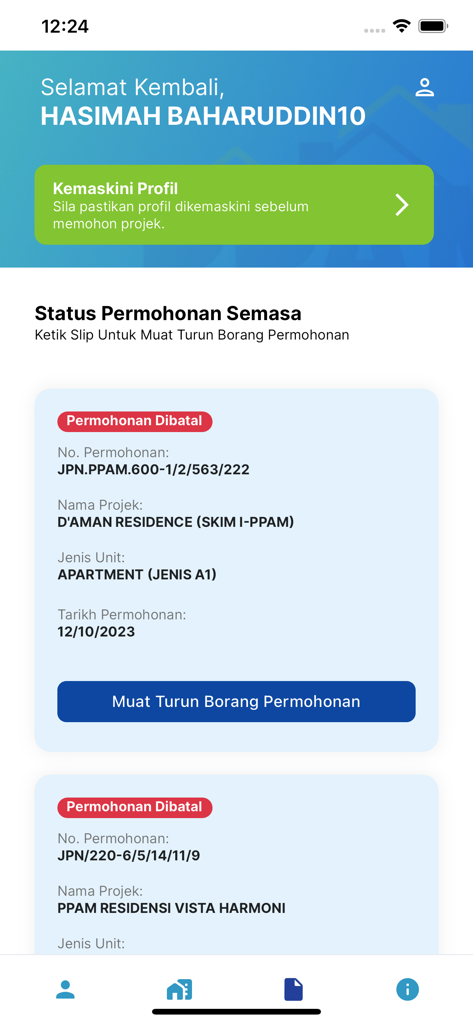 PPAM - Interface of the PPAM app showing the status of housing applications for Malaysian civil servants