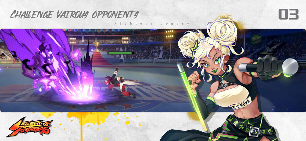 파이터스 레거시의 전투 경기장과 특수 효과를 배경으로 전면에 있는 애니메이션 캐릭터.