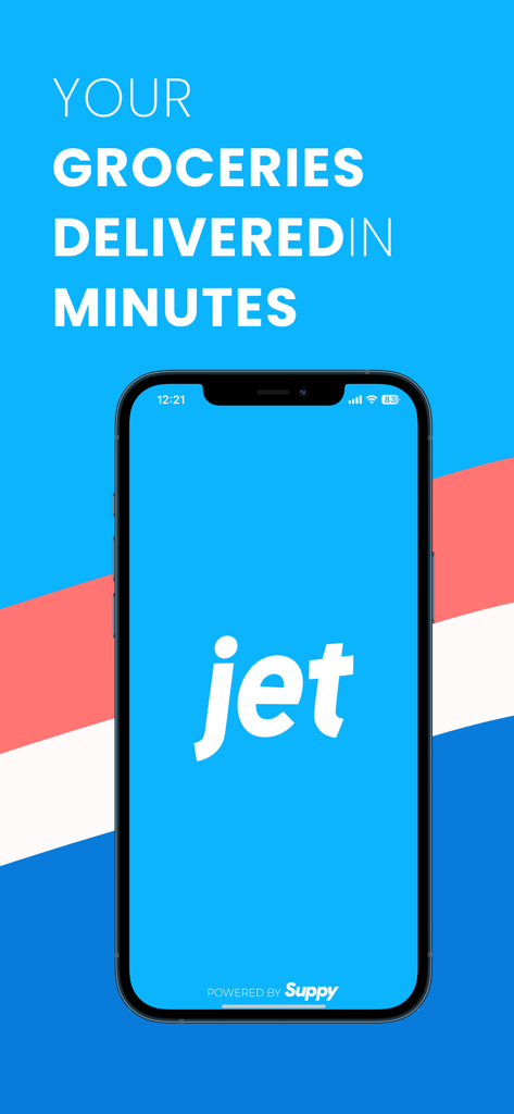 Tela inicial do aplicativo JET Groceries em um iPhone mostrando o slogan Seus mantimentos entregues em minutos