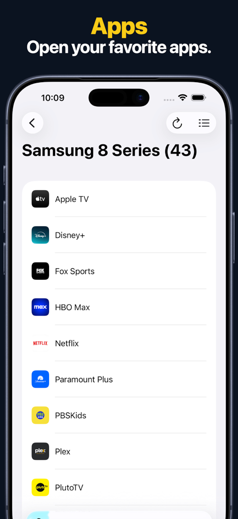 Uma tela de iPhone exibindo uma lista de aplicativos de streaming como Netflix e Disney Plus disponíveis através da interface do aplicativo Universal TV Remote.