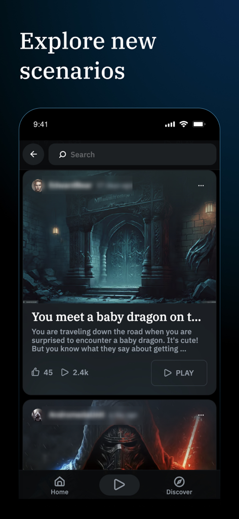 아기 드래곤 조우와 같은 커뮤니티 제작 RPG 시나리오를 보여주는 AI 던전의 '발견' 탭