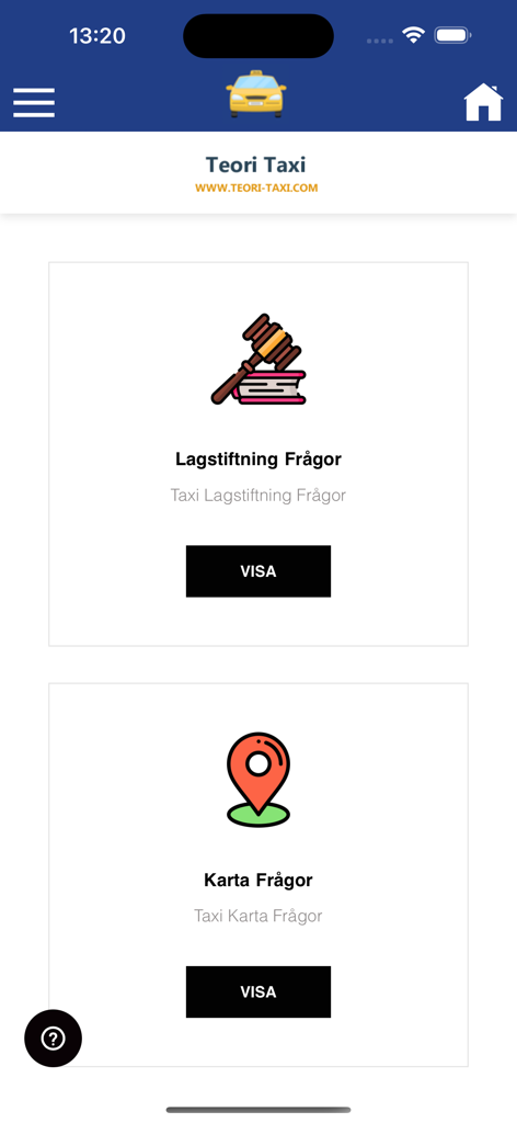 Teori Taxi Frågor - Dashboard der Teori Taxi App, das Kategorien für Gesetzgebung und Kartenstudium anzeigt