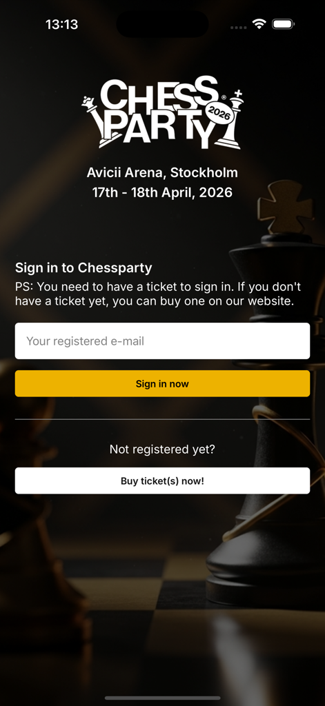Chessparty 2026 - Sign in screen for the Chessparty 2026 app featuring event details for the festival at Avicii Arena Stockholm