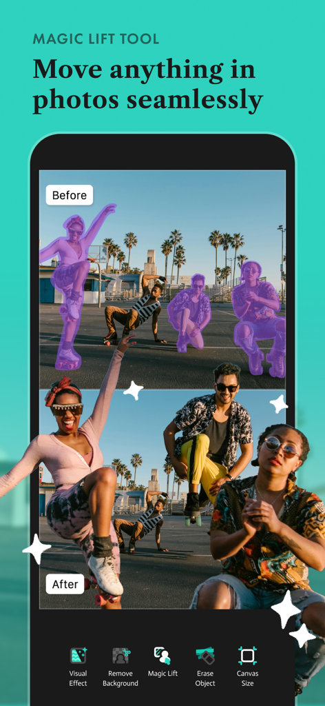 A before and after comparison of moving people in a photo using the Magic Lift tool