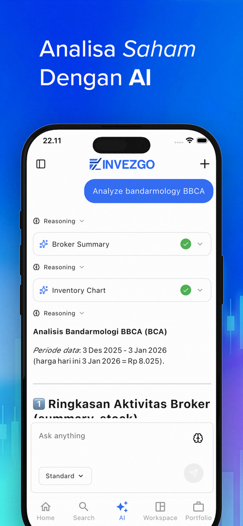 Invezgo - AI Saham - BBCAのAI株式分析、ブローカー概要、データ洞察を表示するInvezgoモバイルアプリインターフェース