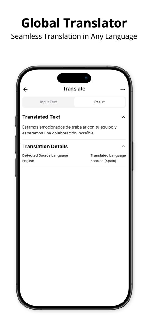 A smartphone screen displaying the Global Translator feature of the AI Writer app with an English to Spanish translation.