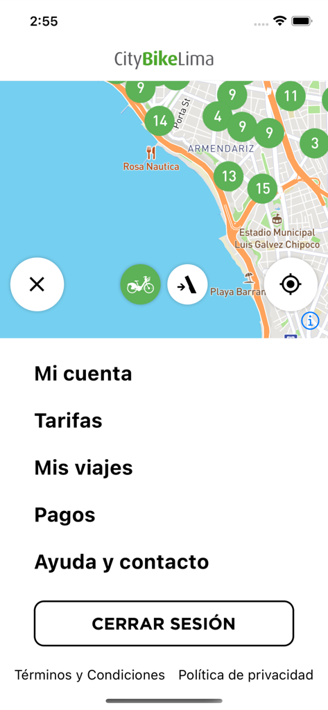 CityBike Lima - Interfaz de la aplicación móvil CityBike Lima mostrando un mapa con ubicaciones de estaciones de bicicletas y una lista de opciones de menú que incluyen configuración de cuenta y tarifas.