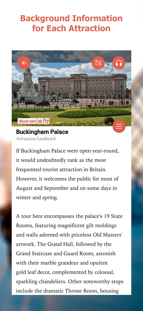 GPSmyCity: Walks in 1K+ Cities - Detailed background information and photo of Buckingham Palace in the GPSmyCity travel app.