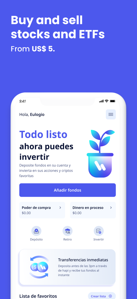 Écran de l'application Hapi en espagnol montrant les options d'investissement pour les actions et ETF américains à partir de 5 dollars