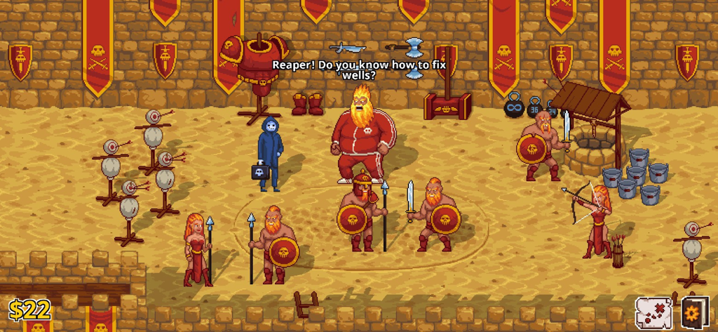 Peace, Death! 2 - Peace Death 2에서 전사와 사신이 있는 픽셀 아트 훈련 경기장