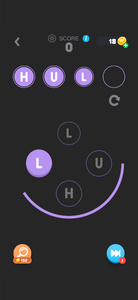 A word puzzle screen from the Wordle app showing a letter matching gameplay interface with the letters H, U, and L.