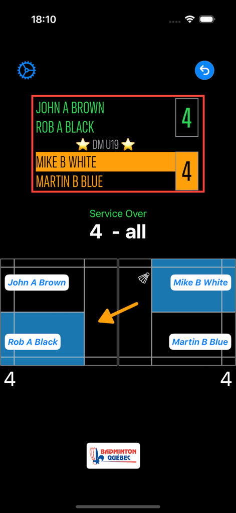 A badminton umpire score screen showing player names, a 4-all score, and a court diagram with player positions.