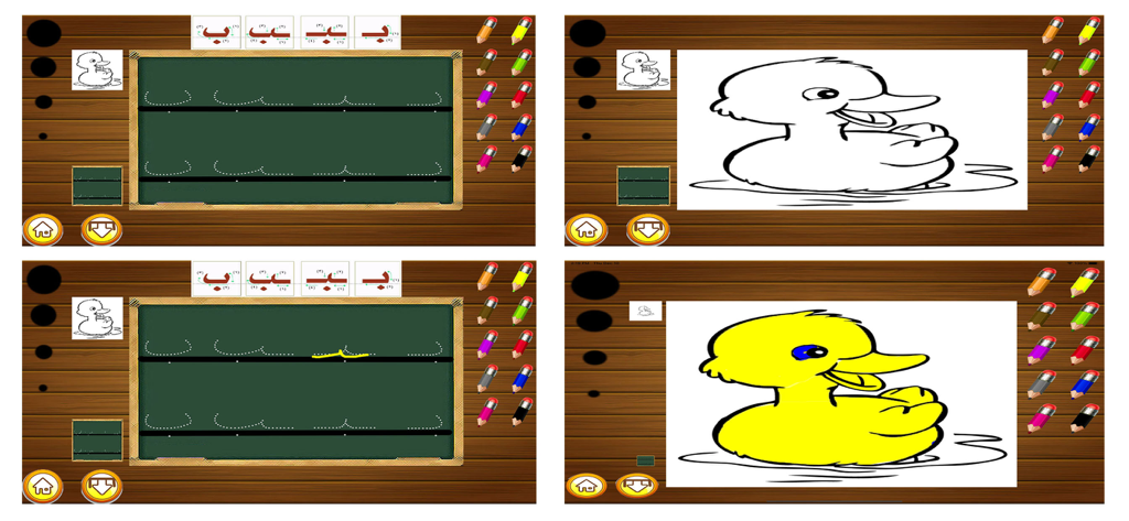 Traçage de lettres arabes sur un tableau noir et une activité de coloriage de canard dans l'application éducative pour enfants Lughati