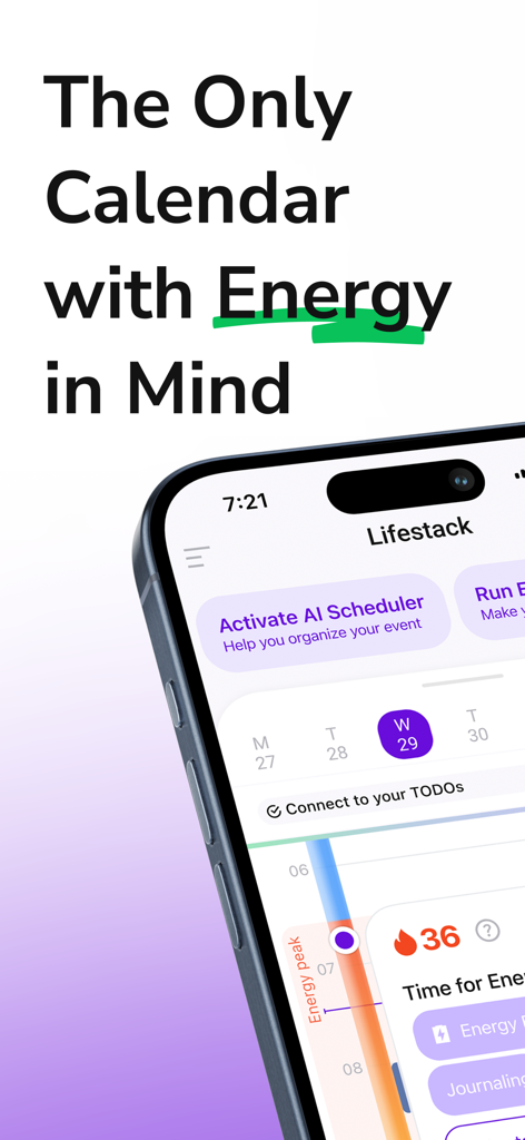 Lifestack: Circadian Planner - Lifestack app interface showing a calendar that schedules tasks based on biological energy levels
