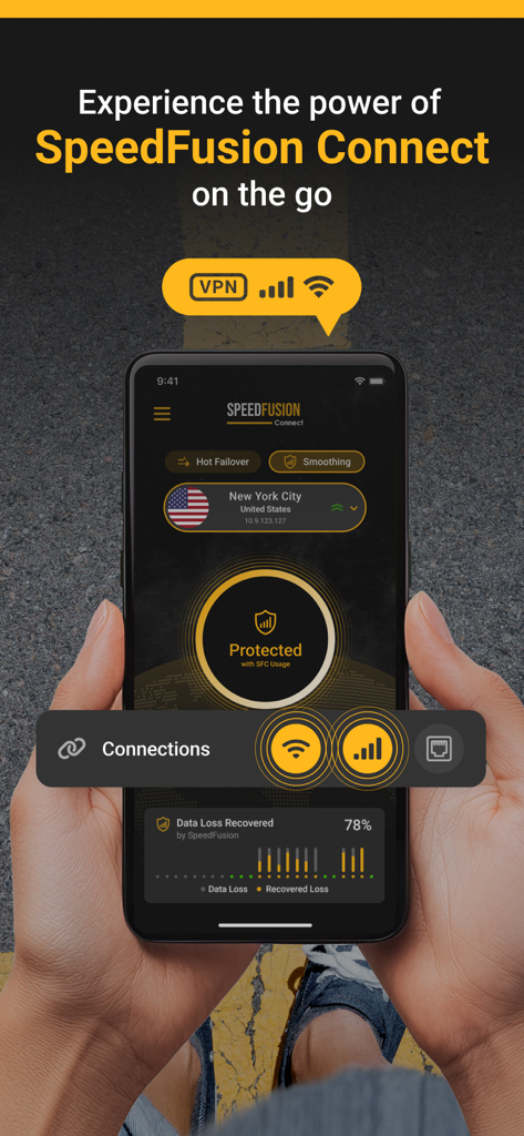 SpeedFusion Connect - Painel do aplicativo SpeedFusion Connect mostrando dados Wi-Fi e celular unidos para internet móvel confiável