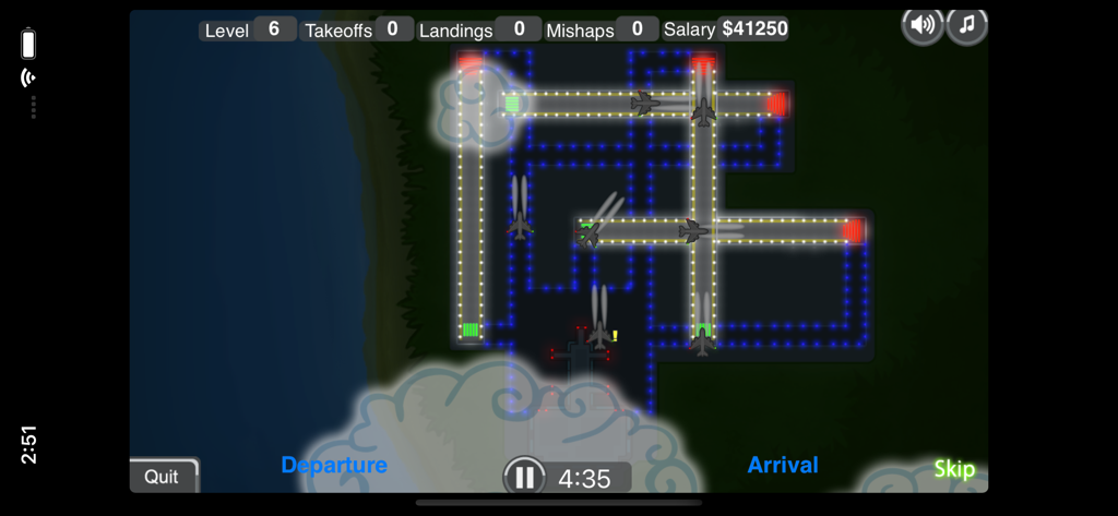 Air traffic control simulation gameplay showing airplanes on runways at night