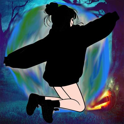 realistic girl jumping with a bun and oversized sweatshirt