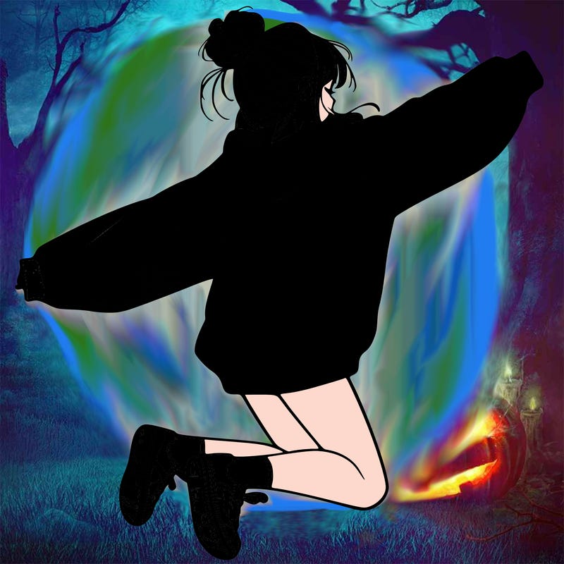 realistic girl jumping with a bun and oversized sweatshirt