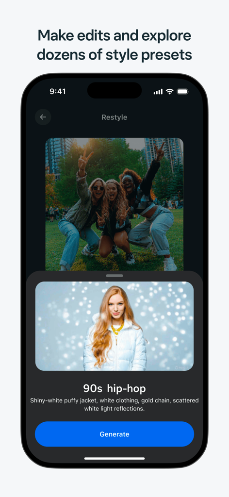 Meta AI app screen showing a photo restyle feature with a 90s hip-hop style preset.