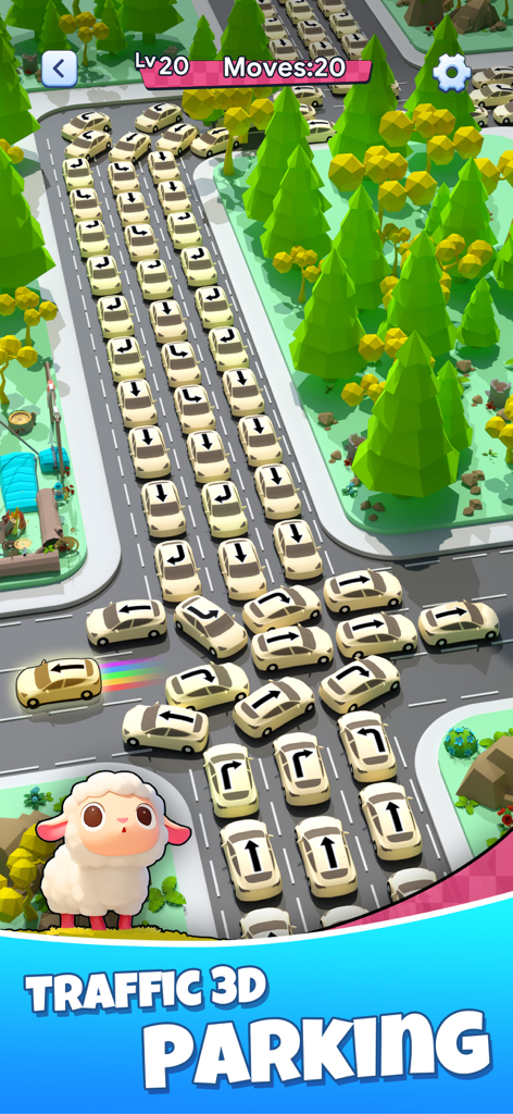 Traffic 3D Parking: Escape Jam - Traffic 3D Parking mobile puzzle game gameplay showing a car traffic jam level with a cartoon sheep character