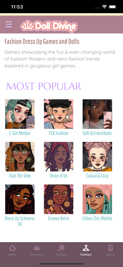 Doll Divine - Doll Divineアプリの人気のファッション着せ替えゲームのメニュー。E-GirlやY2Kのような多様な美的スタイルが特徴です。
