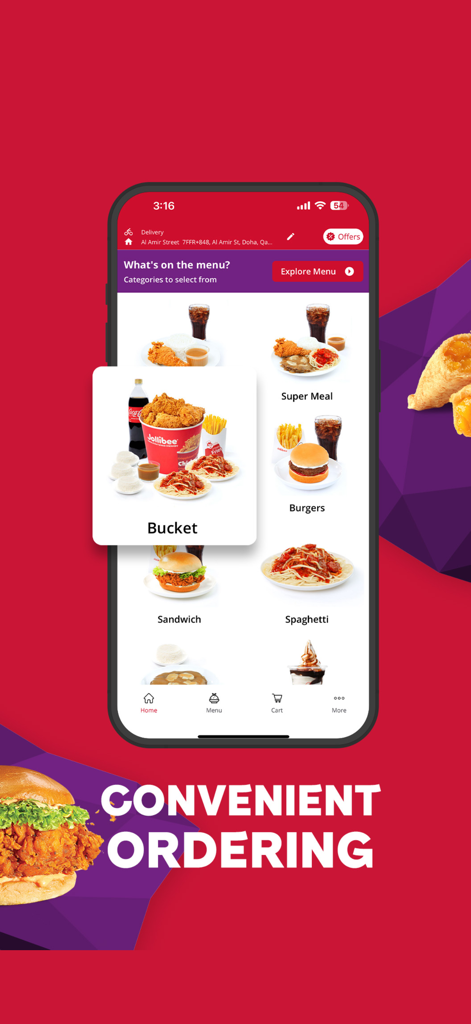 Jollibee Qatar - Jollibee Qatar app interface showing food categories and convenient ordering.