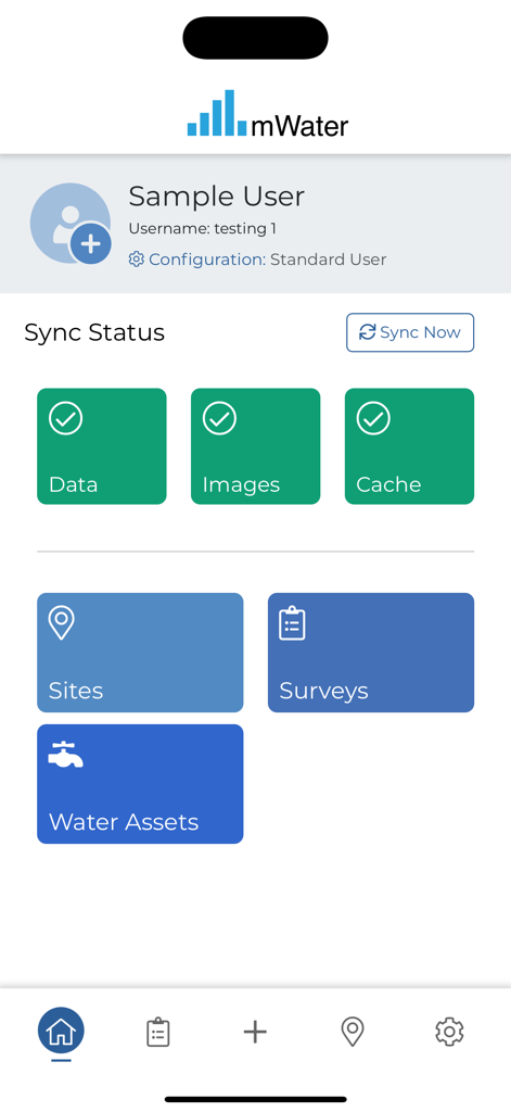 mWater Surveyor - mWater Surveyor home screen showing sync status and navigation tiles for sites surveys and water assets