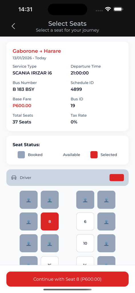 CityBus - Ecrã de seleção de lugares da aplicação CityBus mostrando lugares disponíveis no autocarro e detalhes da viagem.