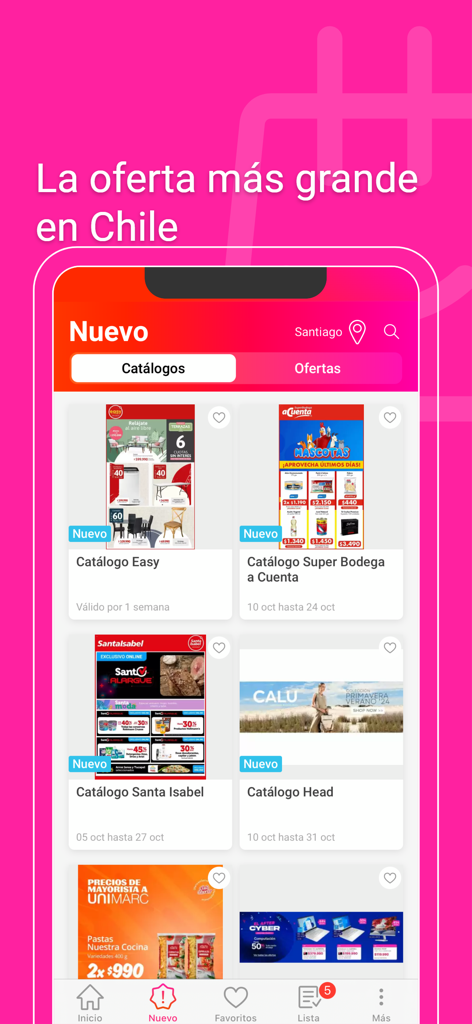 Interfaz de la aplicación móvil que muestra varios catálogos de compras minoristas y ofertas especiales en Chile.